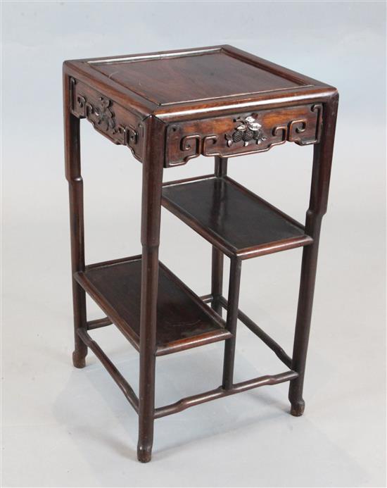 An early 20th century Chinese hardwood three tier occasional table, W.1ft 4in. D.1ft 4in. H.2ft 6in.